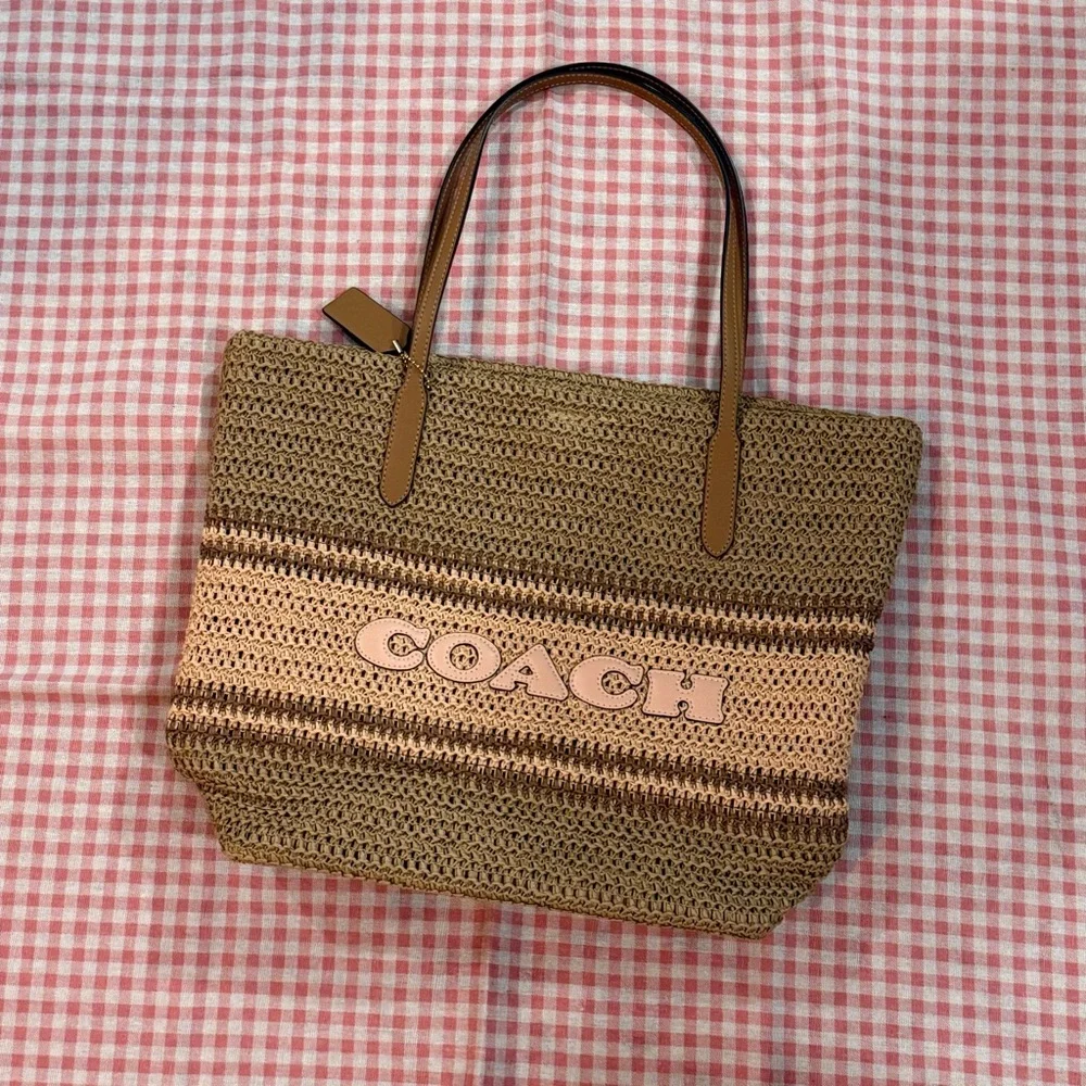 Coach Woven Straw Tote in Brown and Pink - Picture 1 of 9